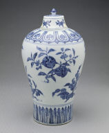 Covered vase with design of flowers and fruits in underglaze blue(unmarked)