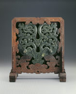 Wood stand with jade plague