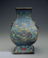 Cloisonne fang vessel with dragon and phoenix decor