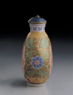 Glass bodied painted enamel snuff bottle with formalistic floral design