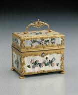 Gilt box inlaid with shell contains cosmetic bottles, knife, etc.