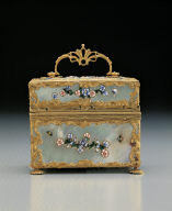 Gilt box inlaid with shell contains cosmetic bottles, knife, etc.