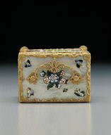 Gilt box inlaid with shell contains cosmetic bottles, knife, etc.