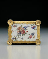 Gilt box inlaid with shell contains cosmetic bottles, knife, etc.