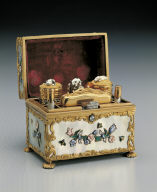 Gilt box inlaid with shell contains cosmetic bottles, knife, etc.