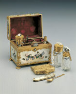 Gilt box inlaid with shell contains cosmetic bottles, knife, etc.