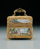 Painted enamel box contains cosmetic bottles, knife, etc.
