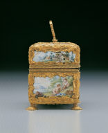 Painted enamel box contains cosmetic bottles, knife, etc.