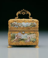 Painted enamel box contains cosmetic bottles, knife, etc.