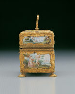 Painted enamel box contains cosmetic bottles, knife, etc.