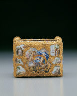 Painted enamel box contains cosmetic bottles, knife, etc.