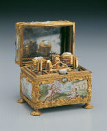Painted enamel box contains cosmetic bottles, knife, etc.