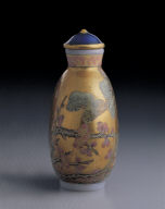 Glass bodied painted enamel snuff bottle with three winter friends design