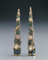 Pair of tortoise shell fingernail guards inlaid with pearls, jewels, jadeite and mallow blossom decoration