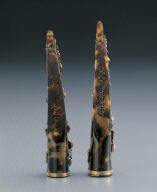 Pair of tortoise shell fingernail guards inlaid with pearls, jewels, jadeite and mallow blossom decoration