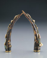 Pair of tortoise shell fingernail guards inlaid with pearls, jewels, jadeite and mallow blossom decoration