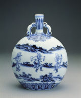A blue-and-white flask with narrative