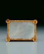 Painted enamel box contains cosmetic bottles, knife, etc.