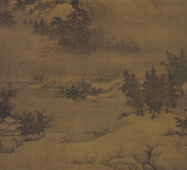 Snow at Dusk over Mountains and River