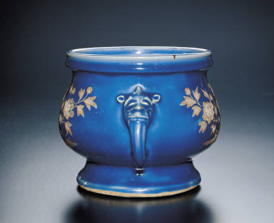 Cobalt blue glazed incense burner with applique and two handles