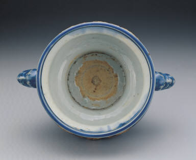 Cobalt blue glazed incense burner with applique and two handles