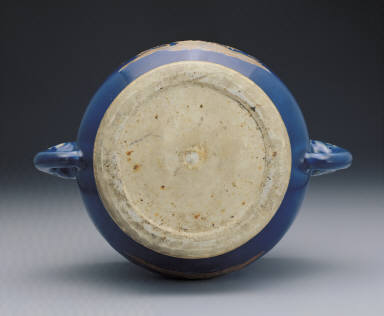 Cobalt blue glazed incense burner with applique and two handles