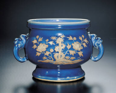 Cobalt blue glazed incense burner with applique and two handles