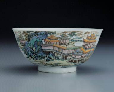 Bowl with pavilion and landscape in poly chrome enamels
