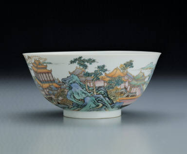 Bowl with pavilion and landscape in poly chrome enamels