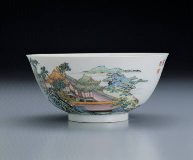Bowl with pavilion and landscape in poly chrome enamels
