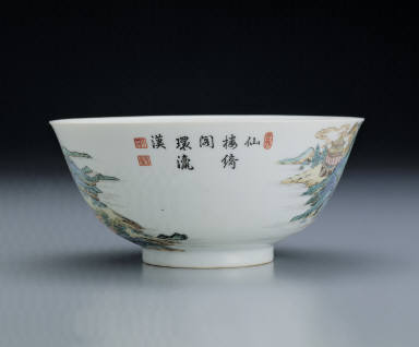 Bowl with pavilion and landscape in poly chrome enamels