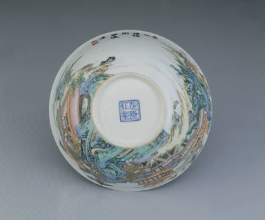 Bowl with pavilion and landscape in poly chrome enamels