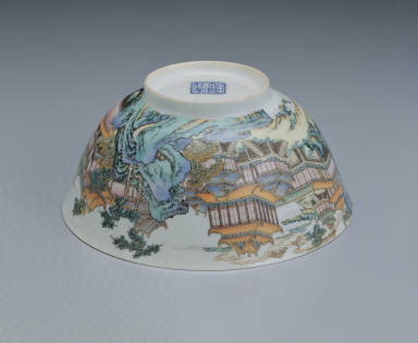 Bowl with pavilion and landscape in poly chrome enamels
