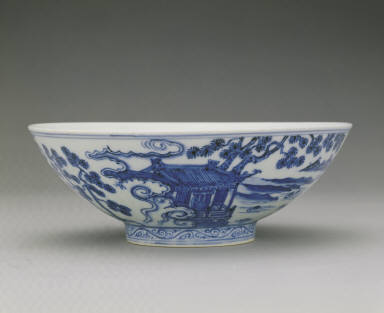 Bowl with underglaze-blue illustration of fairies on cranes