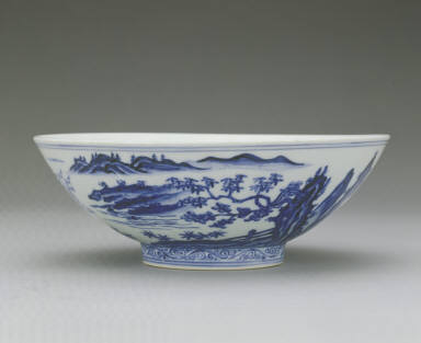 Bowl with underglaze-blue illustration of fairies on cranes