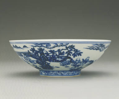 Bowl with underglaze-blue illustration of children playing in a garden