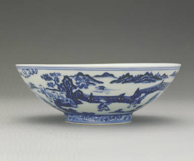 Bowl with underglaze-blue illustration of children playing in a garden