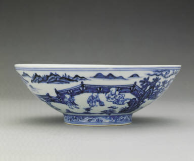 Bowl with underglaze-blue illustration of children playing in a garden