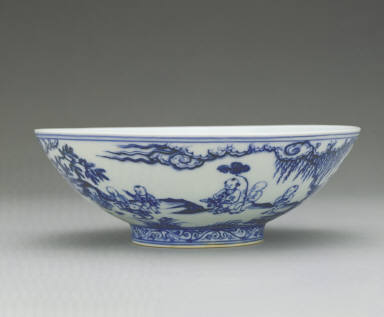 Bowl with underglaze-blue illustration of children playing in a garden