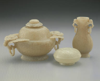 Jade incense burner, vase and box