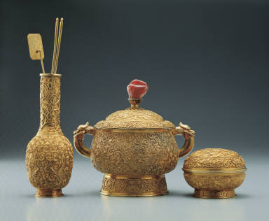Gold censer, vase and box with dragon decor