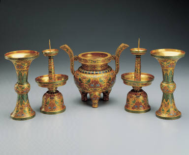 Set of five champleve altar pieces with lotus-spray decor