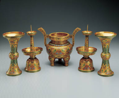 Set of five champleve altar pieces with lotus-spray decor