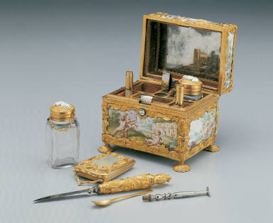Painted enamel box contains cosmetic bottles, knife, etc.