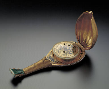 Champleve pocket watch in the shape of dombira