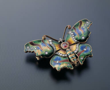 Champleve brooch-watch in the shape of butterfly inlaid with jewels