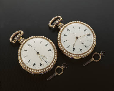 Pair of pocket watches with painted enameled floral decoration