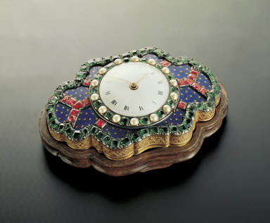 Champleve belt plaques inlaid with pearls, jewels and clock