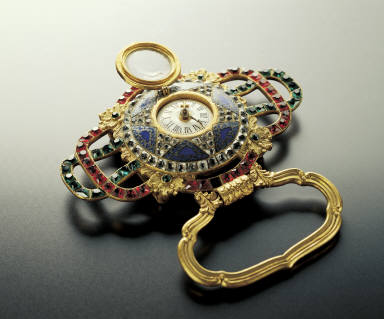 Champleve belt plaques inlaid with pearls, jewels and clock
