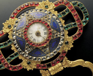 Champleve belt plaques inlaid with pearls, jewels and clock